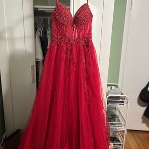 Elegant Red Beaded Prom Dress - Size 2 (Professionally Altered)